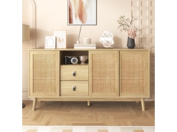 Buffet 155x38x80cm Três Portas Corrediças Em Vime Verdadeiro, Duas Gavetas, Sólido, Arejado E Versátil