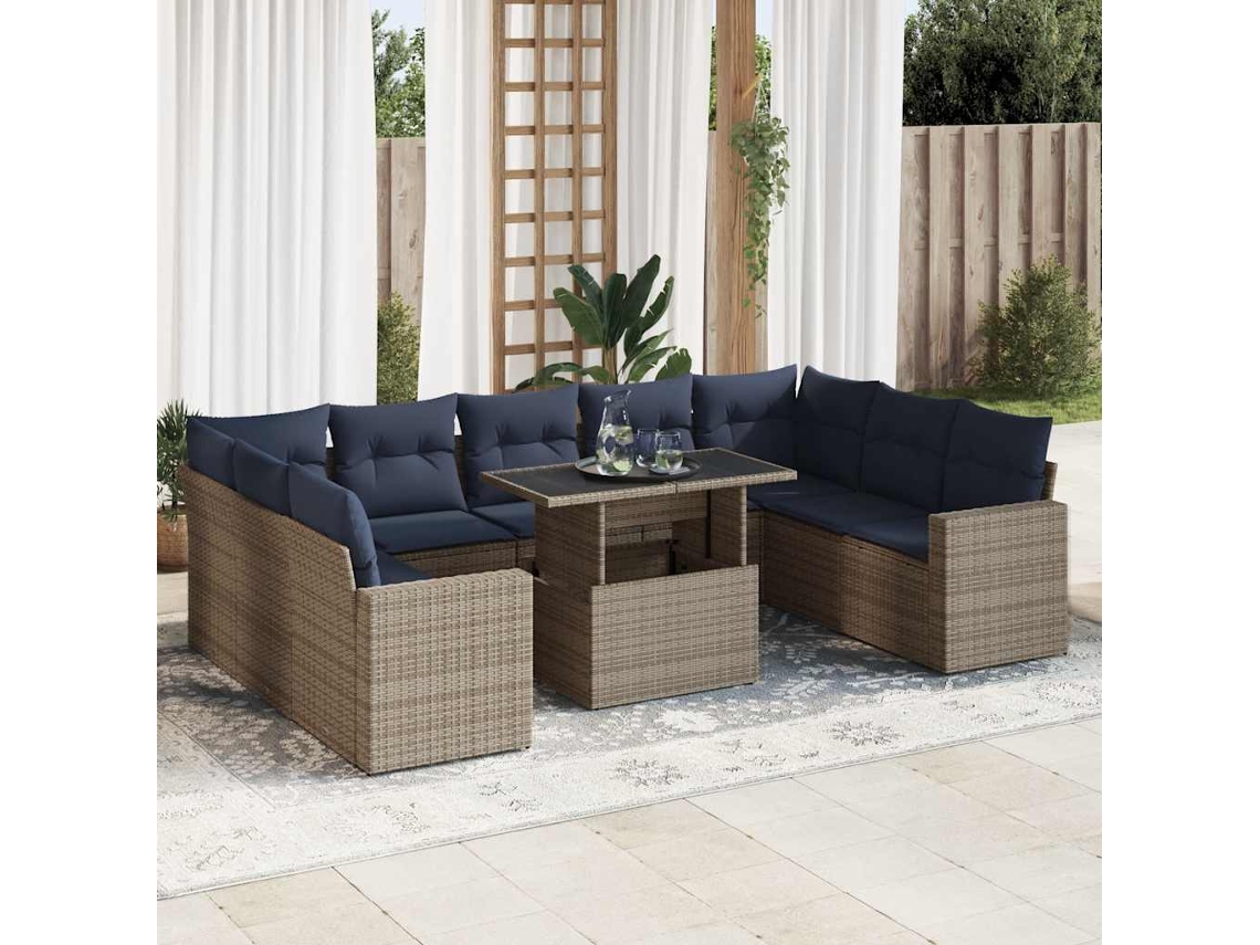Vidaxl 10 Pcs Conjunto Sofás Jardim Almofadões Vime Pe/acácia Cinzento