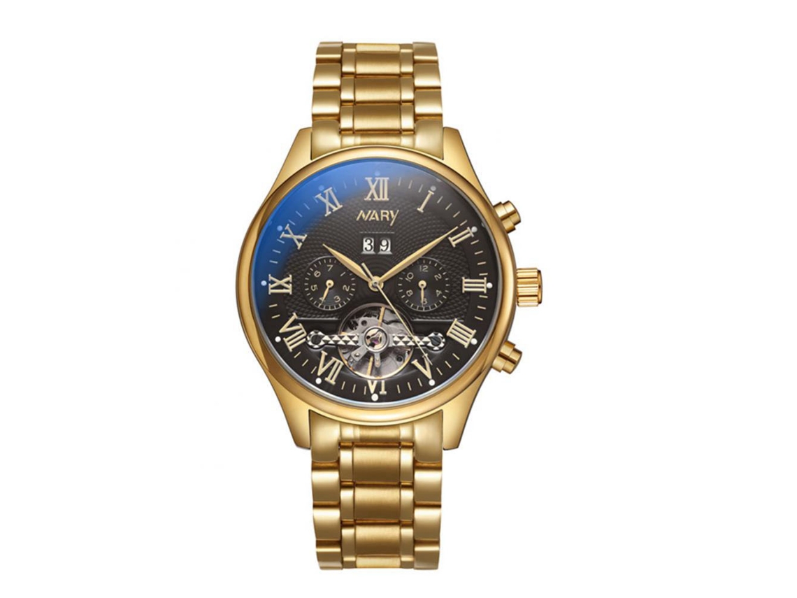 Relógio de pulso masculino Nary, elegante, para negócios, luminoso, com calendário, à prova d'água, nas cores dourado e preto.