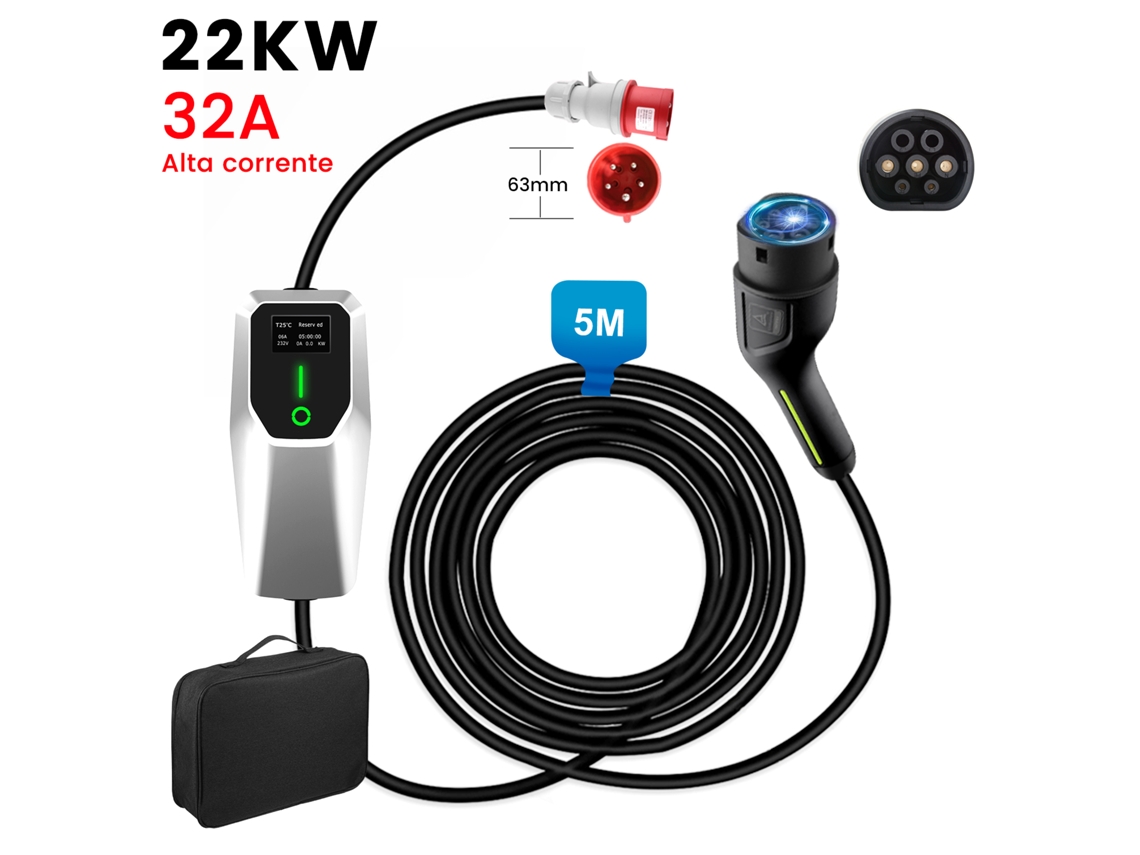 Carregador Para Veículos Elétricos De 5 M, 22 Kw, 32 A, Ajustável Entre 8 E 32 A, Com Função De Agendamento, Trifásico, Ficha Cee