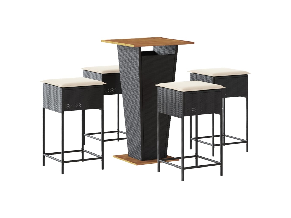 Conjunto 5 de bar p/ jardim c/ almofadões VIDAXL vime PE preto
