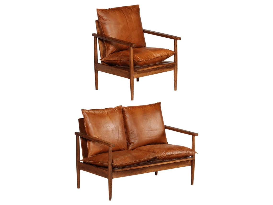 Vidaxl 2 Pcs Conjunto De Sofás Couro Genuíno E Acácia Maciça Castanho