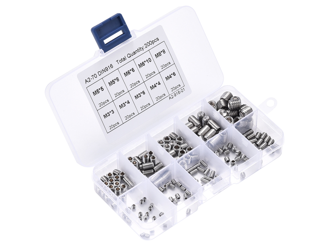Conjunto de 200 Parafusos de Aço Inoxidável 304 com Cabeça Allen, Sextavada, Tamanhos M3, M4, M5, M6 e M8, com Ponta Cônica. MDUG