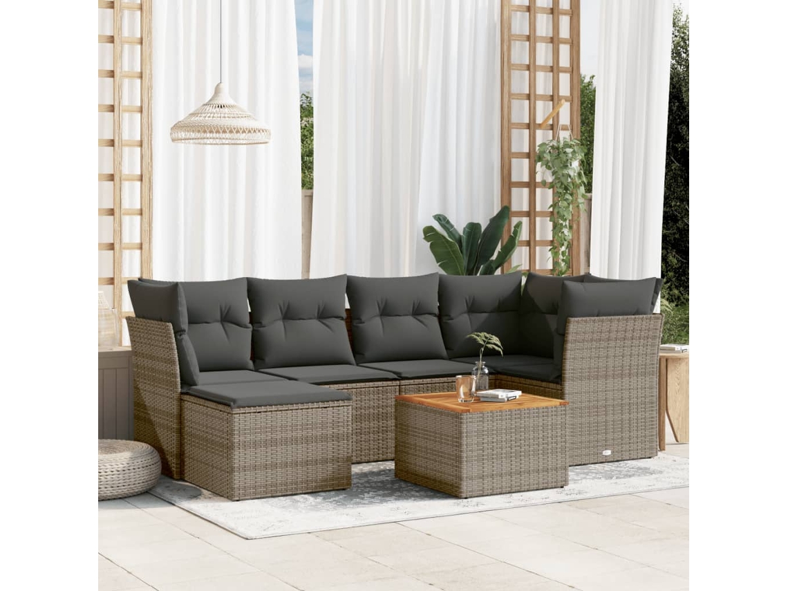 7 Pcs Conjunto Sofás P/ Jardim C/ Almofadões Vime Pe Cinza Dkd Home Decor