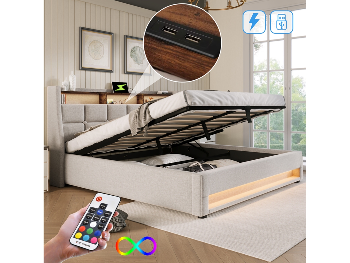 Cama Estofada Casal Usb 180x200 Led Ripas Linho