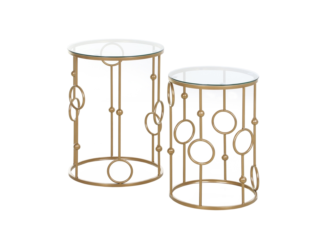Conjunto De 2 Mesas Auxiliares De Centro Tampo Vidro Para Sala Design Esfera E Arco Ø41 X 57 Cm, Dourado
