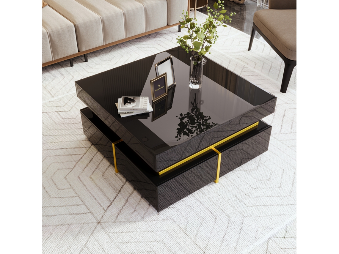 Mesa Centro Alto Brilho Gavetas Dourado