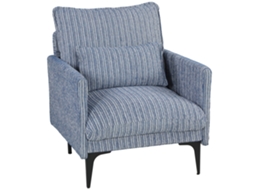 Poltrona Estofada Em Linho Azul Com Textura, Com Apoios De Braço, Suporte Lombar E Assento Amplo.