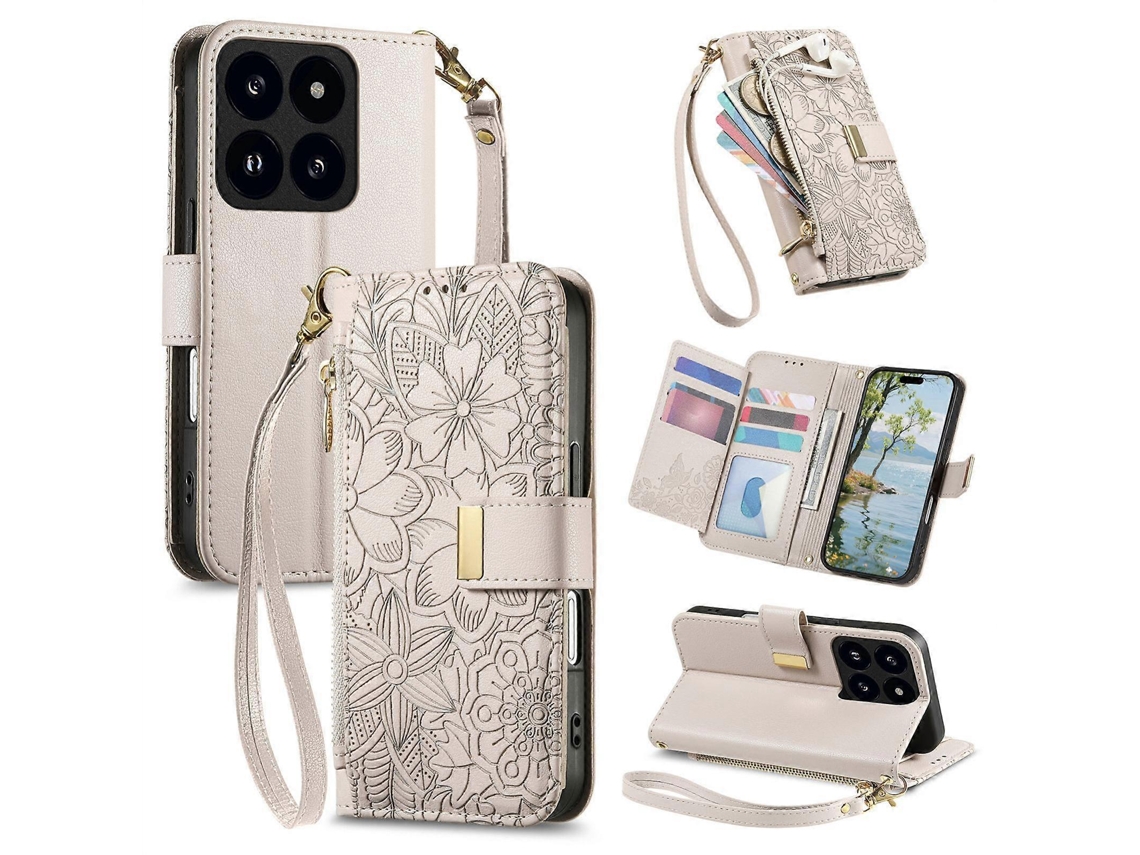 Capa Carteira De Couro Com Zíper, Estampa De Flores E Folhas, Com Alça, Para Xiaomi 14t Pro