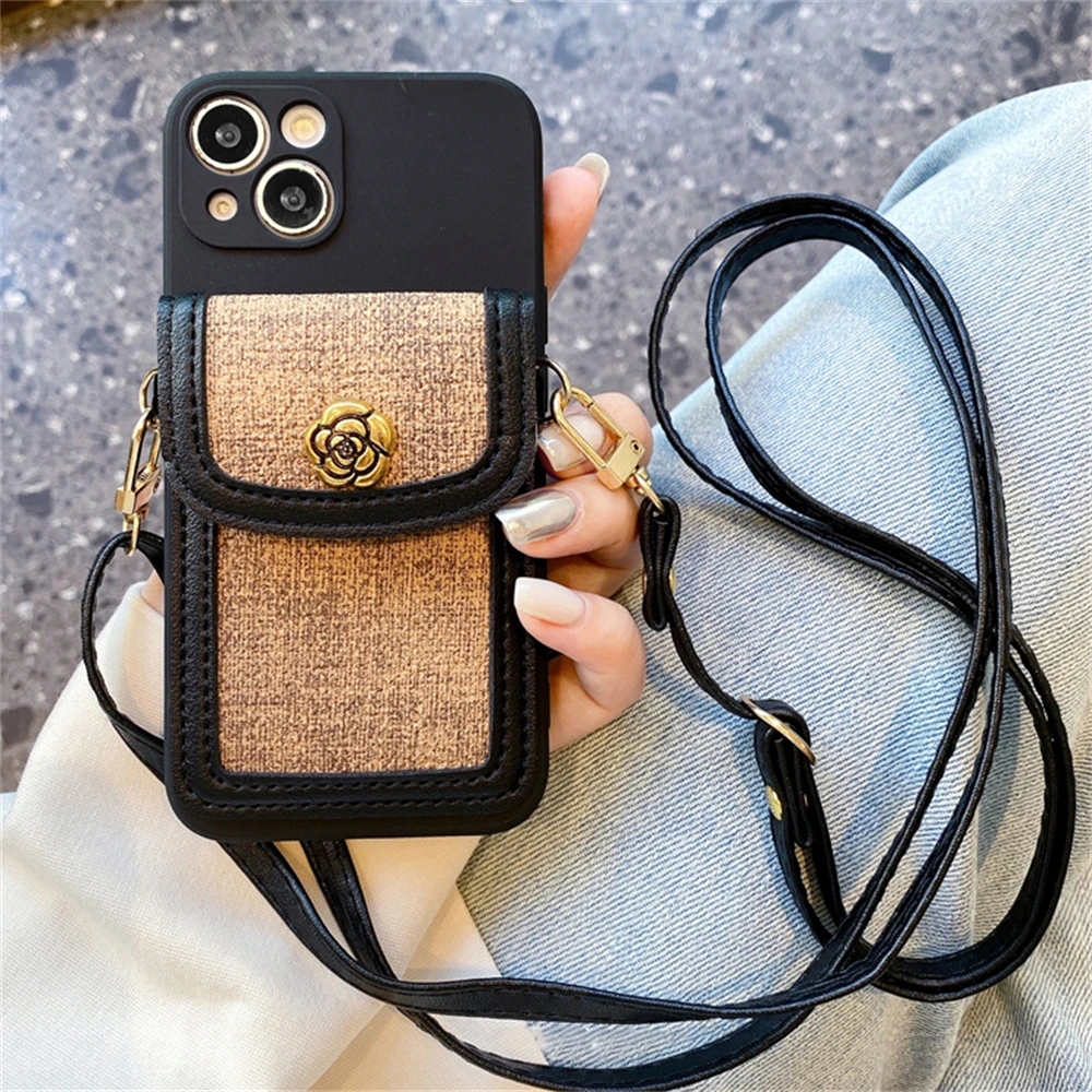 (iphone 12 Pro Max Preto) Porta-cartões De Luxo Em Couro Genuíno Com Estampa De Camélia 3d, Alça Transversal E Capa Protetora.