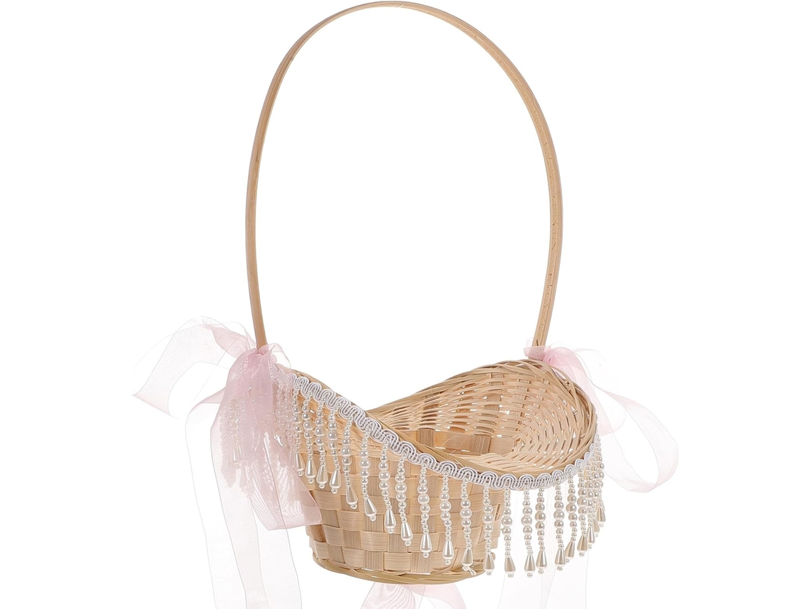 Cesto De Flores Em Bambu Trançado Com Alça Rosa Elegante.