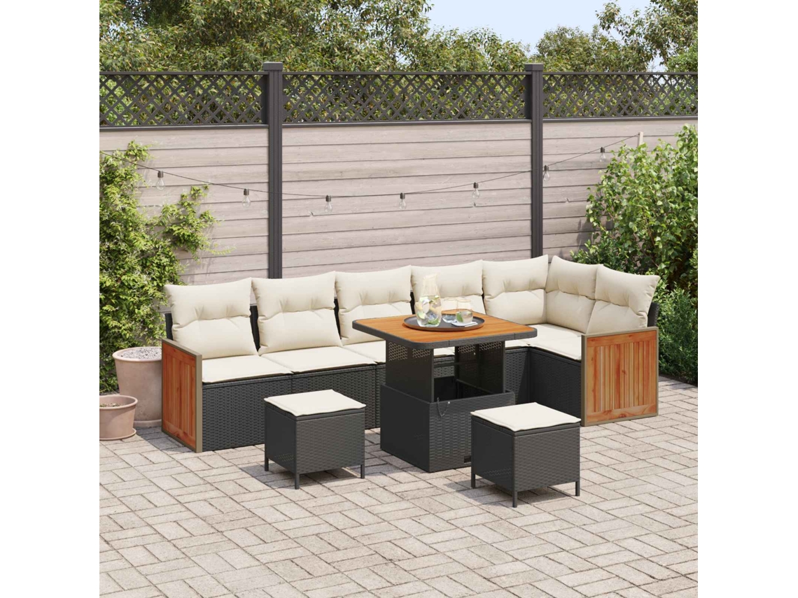 Vidaxl Conjunto de Sofá de Jardim com Almofada 9 Pcs Preto e Creme