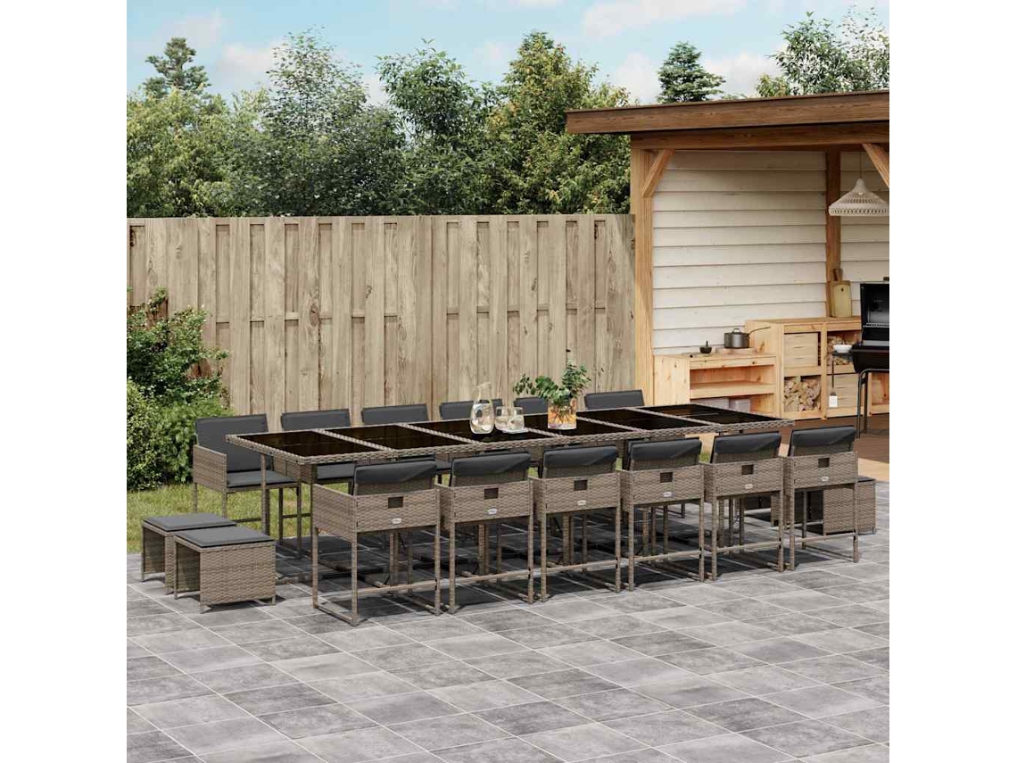 Vidaxl 17 Pcs Conj. De Jantar P/ Jardim C/ Almofadões Vime Pe Cinzento