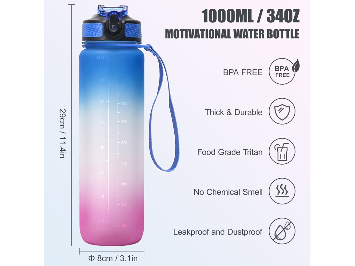 Garrafa de Água 1000ml Bpa Free com Caneta de Tempo e Palheta