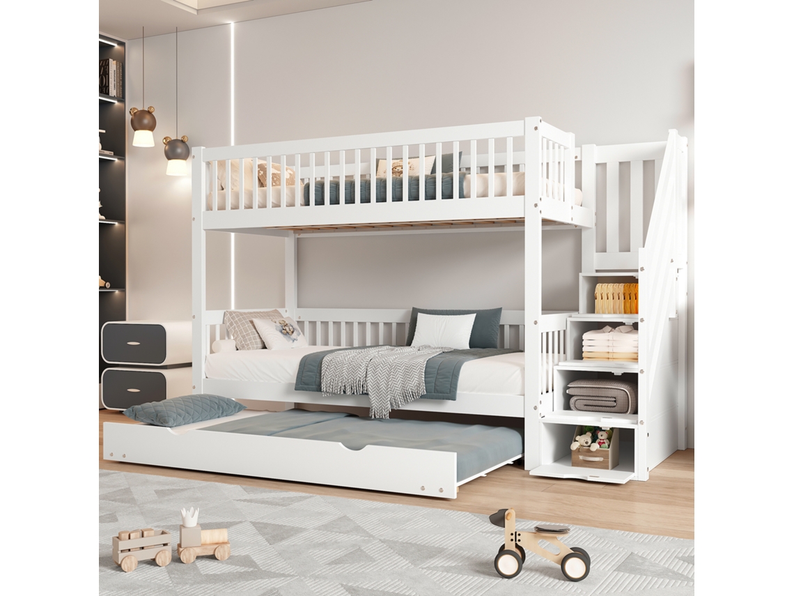 Cama De Andares 90x200/190cm Branca Com Caminha E Guarda-roupa De Escada