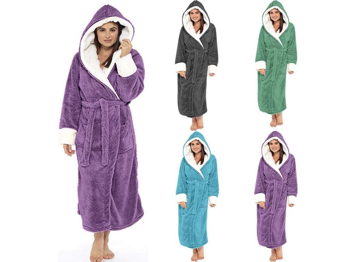 2026-bata De Sherpa Com Capuz Longo Em Microfibra Suave E Quente Para Mulher Com Bolsos E Cinto Xl Azul