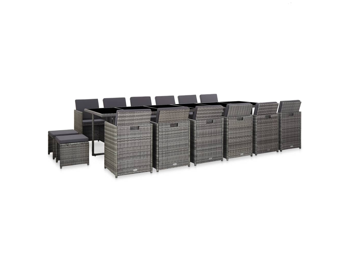 Vidaxl 17 Pcs Conjunto Jantar Exterior Com Almofadões Vime Pe Cinzento