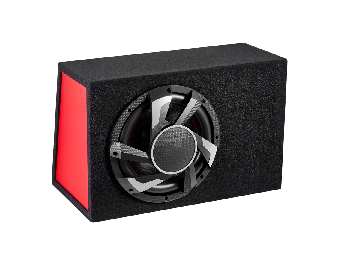 Subwoofer para Porta malas de Carro 245w Rms 305 Mm, Caixa com Carcaça, Amplificador Integrado, Conjunto Cablagem, Design Trapezoidal Fino e Compacto