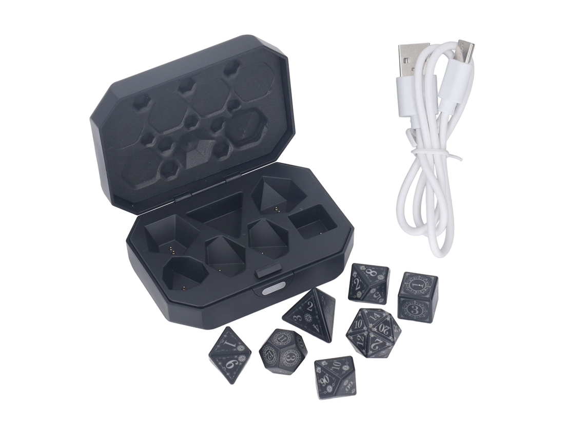Mali conjunto de 7 Dados Led Poliédricos Recarregáveis com Capa de Carregamento para Jogos de Tabuleiro