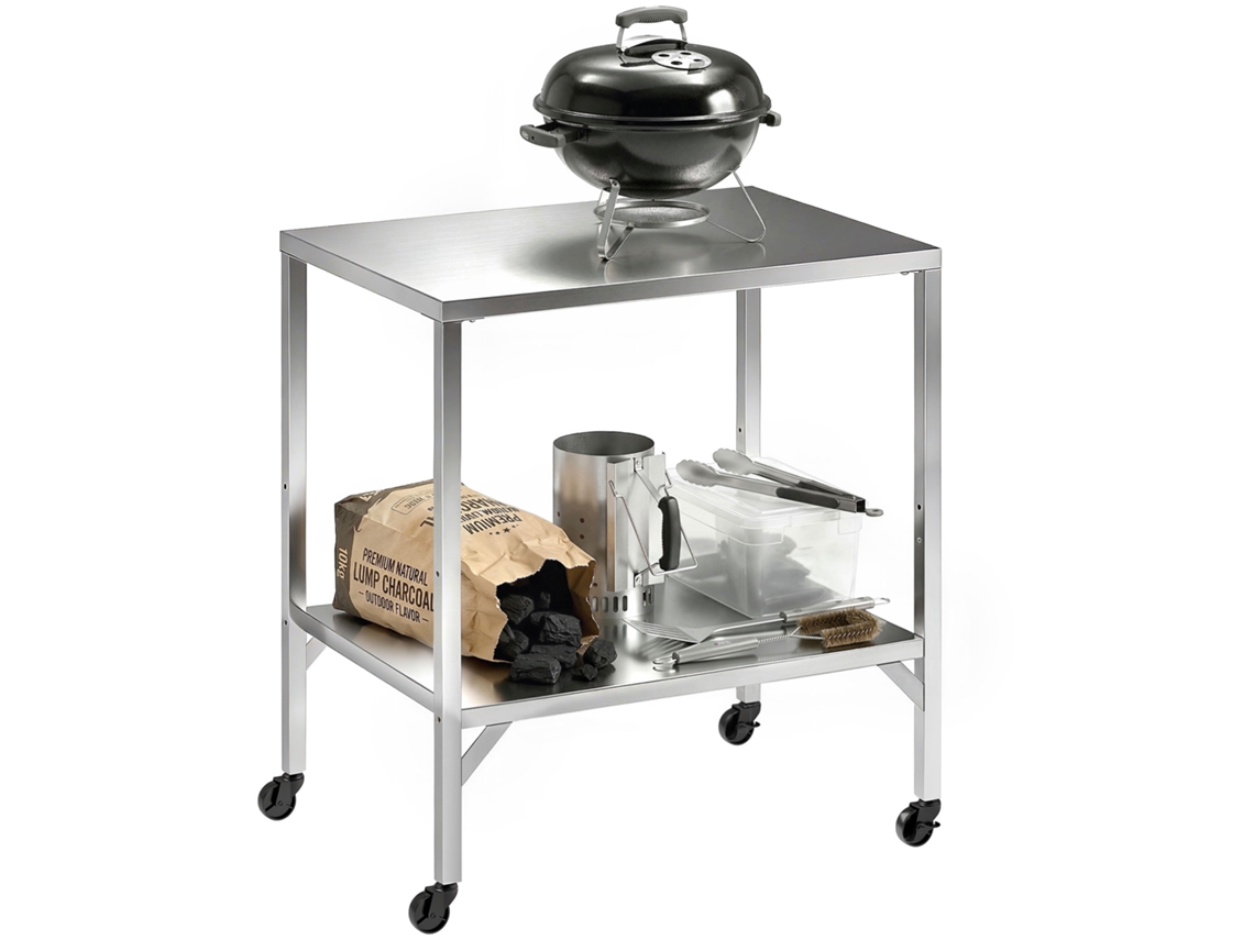 CARRINHO de churrasco com bancada e rodízios de aço inox prateado 85x60x92cm