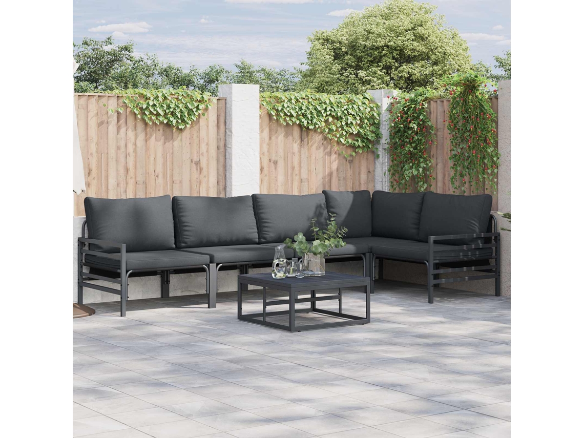 Vidaxl Conjunto De Sofá De Jardim Com Almofada 6 Pcs Preto Aço