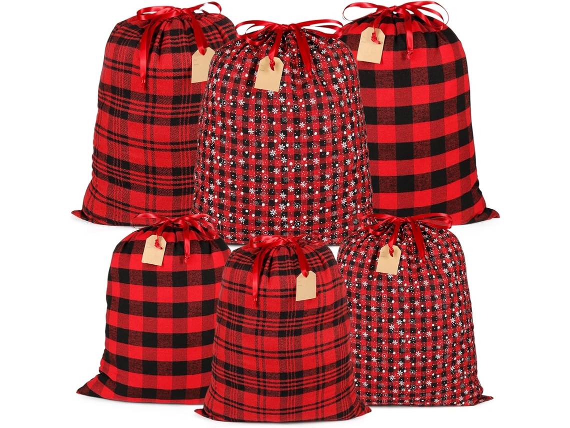 Conjunto de 6 Sacolas AQUAFORGE de Tecido Reutilizáveis, Zíper, Estampa Xadrez, Natal, Presentes