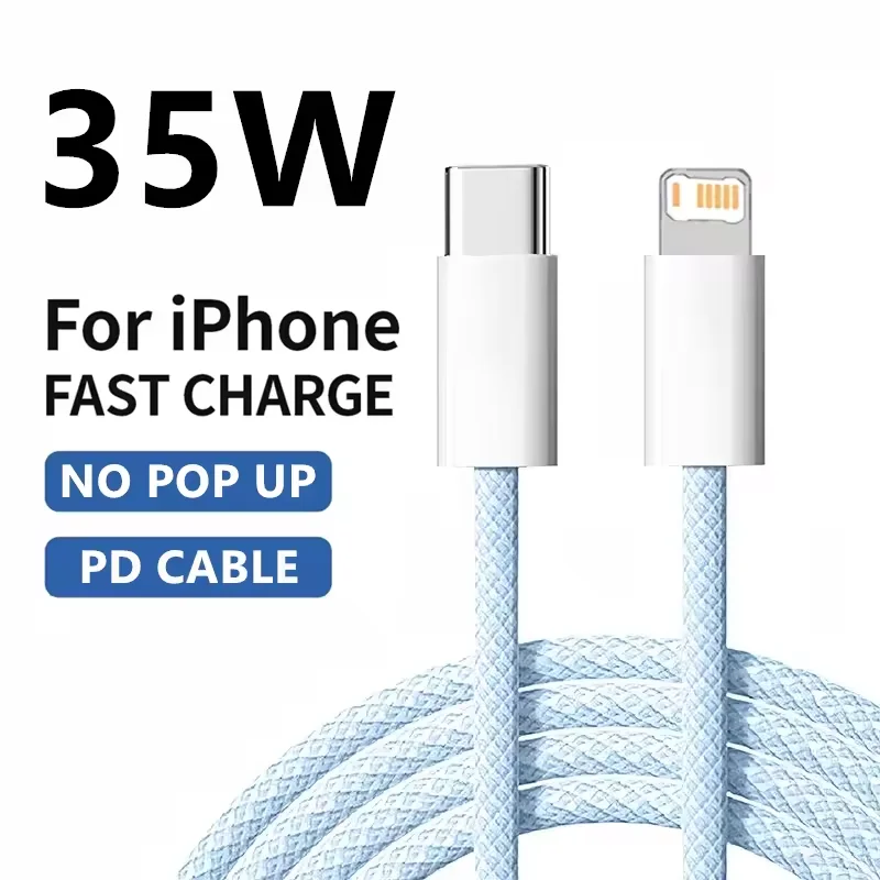 Cabo De Carregamento Rápido Pd Trançado De 35 W (azul Celeste, 2 M), Compatível Com Iphone, Suporta Carregamento Rápido.
