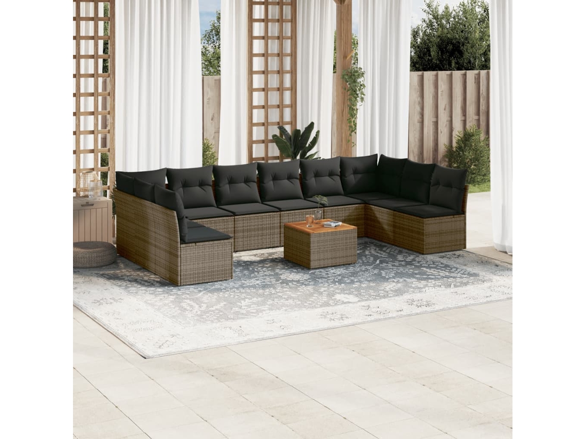 Vidaxl 11 Pcs Conjunto Sofás De Jardim C/ Almofadões Vime Pe Cinzento