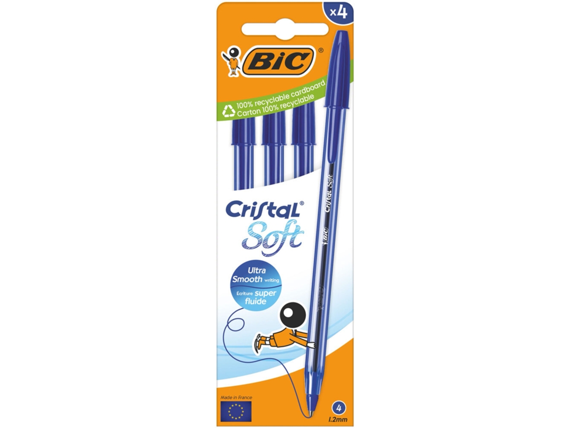 Esferográfica BIC Cristal® Soft, Ponta Média, Corpo Azul Transparente, Tinta Azul, Embalagem 4 Unidades