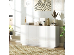 Credenza Moderna Con Armadietti A 2 Ante, Chiusura Ammortizzata E Ripiani Regolabili, 140x40x75cm, Bianco Lucido
