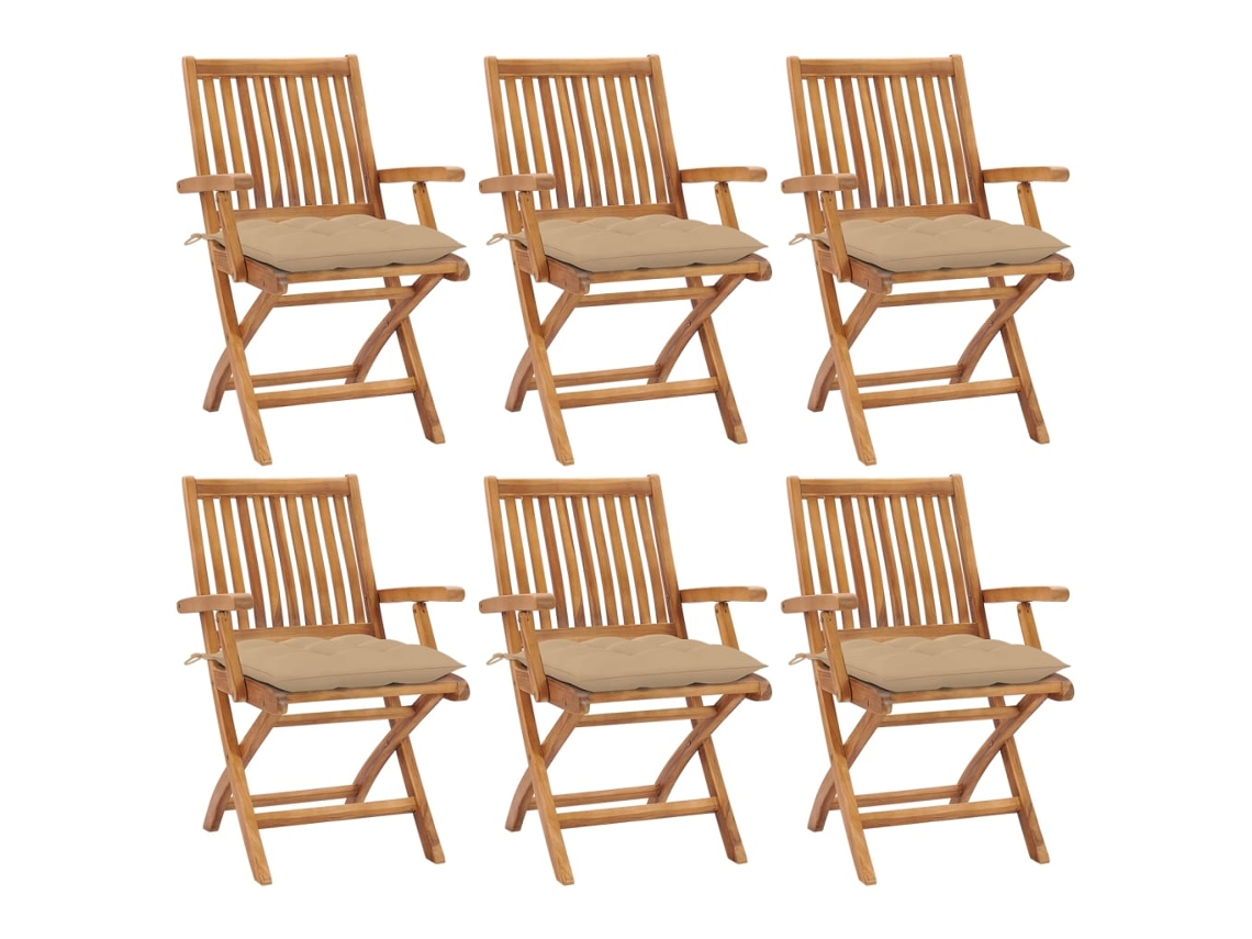 vidaXL Cadeiras de jardim dobráveis c/ almofadões 6 pcs teca maciça