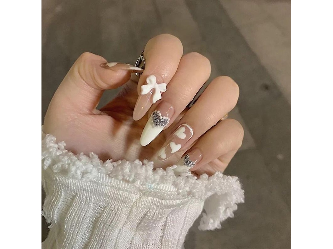 Dicas de Unhas Falsas Artificiais Diy com Laço Branco Pêssego Removíveis Prontas 24 Peças