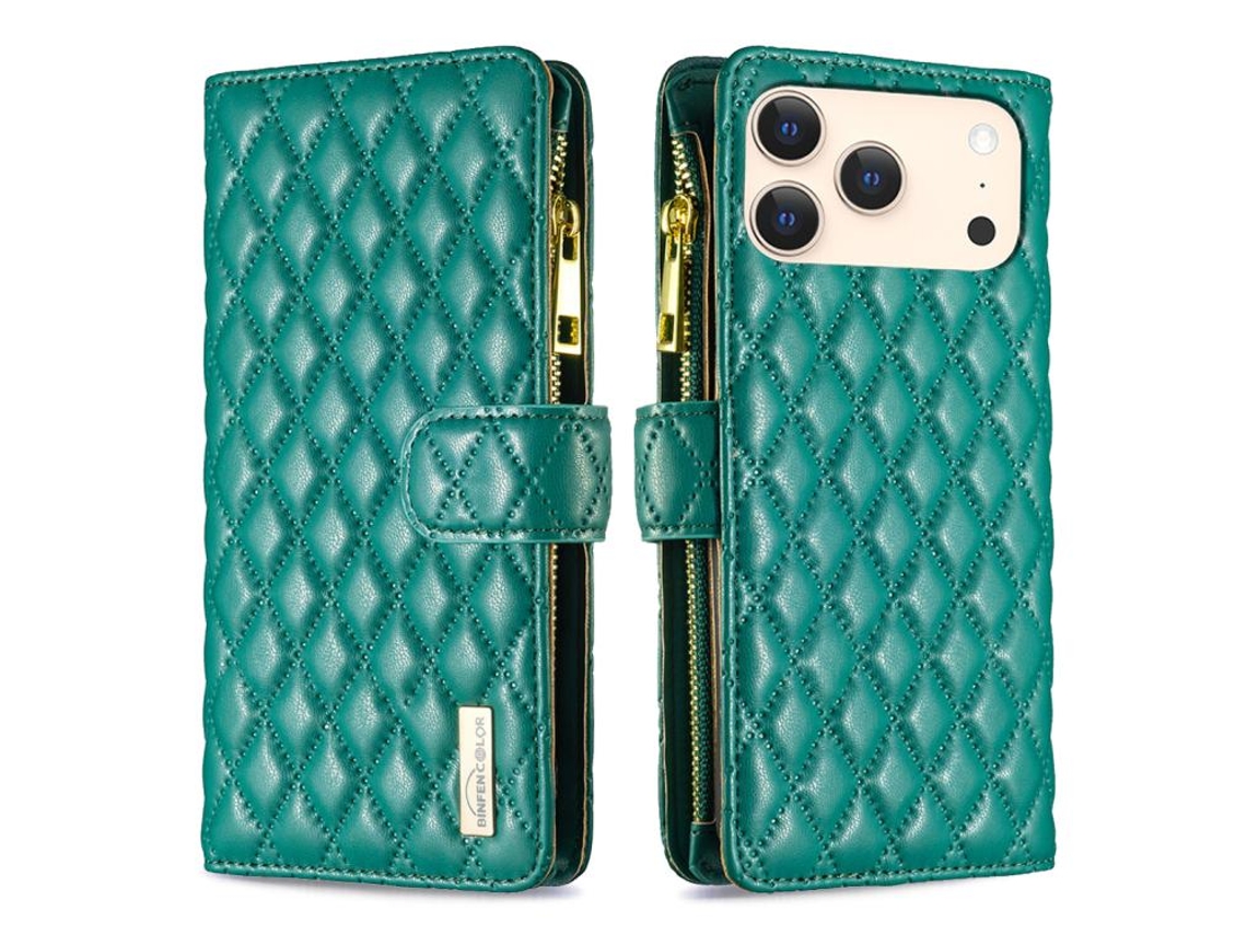Capa Para Iphone 17 Pro - Couro Com Padrão De Diamante E Zíper