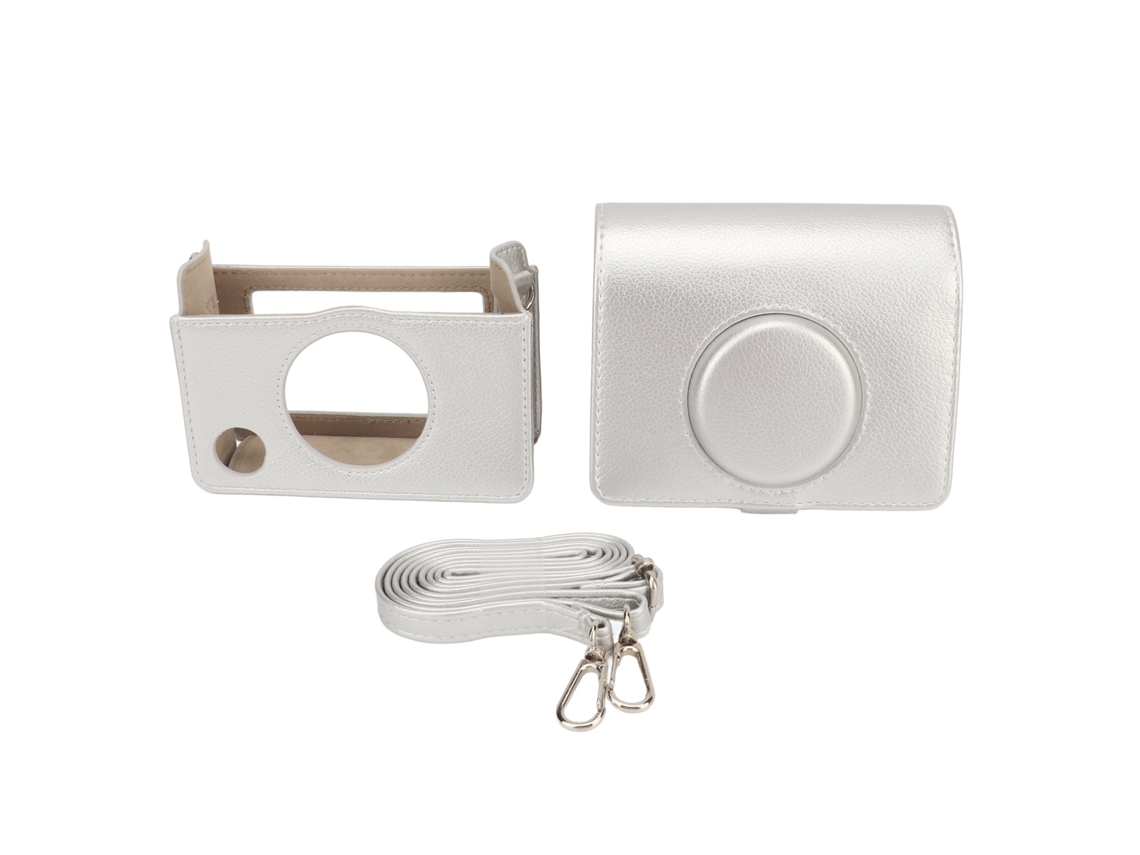 Estojo vintage em couro PU para câmera instantânea Mini Evo com zíper magnético e alça, resistente a rasgos, prateado.