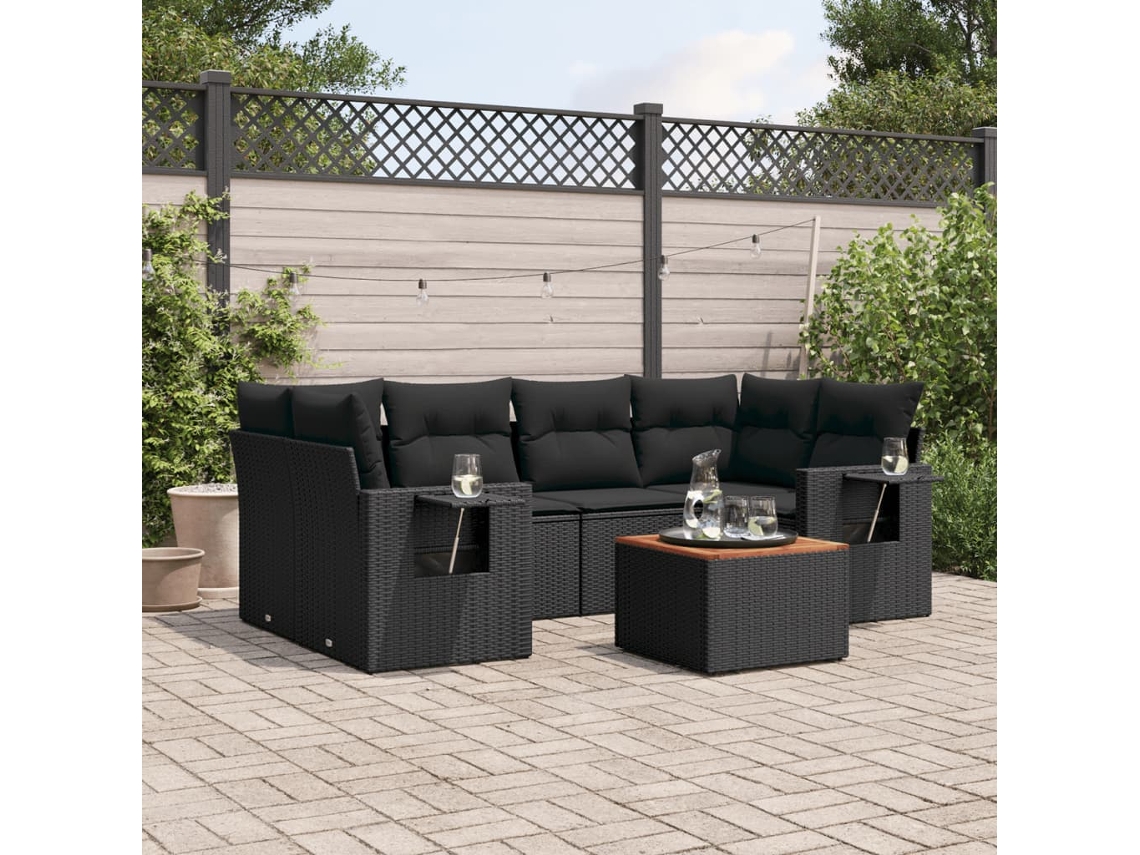 Vidaxl 7 Pcs Conjunto De Sofás P/ Jardim C/ Almofadões Vime Pe Preto