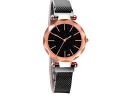Relógio de quartzo feminino com mostrador estrelado e pulseira de aço, estilo casual e elegante, na cor preta.