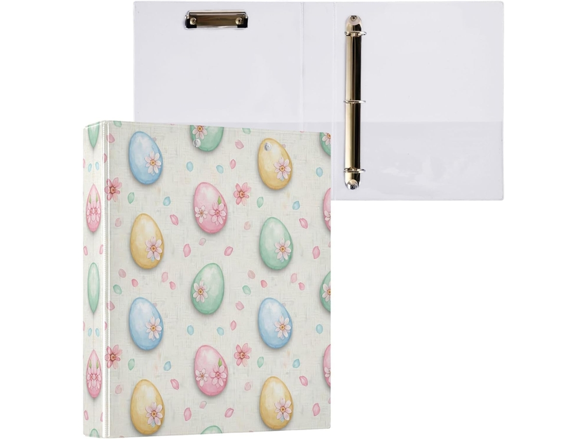 Pasta de 3 Argolas para Papel Tamanho Carta , Lindas Estampas Ovos Páscoa com Prancheta, Pranc (27,9 X 21,6 Cm)