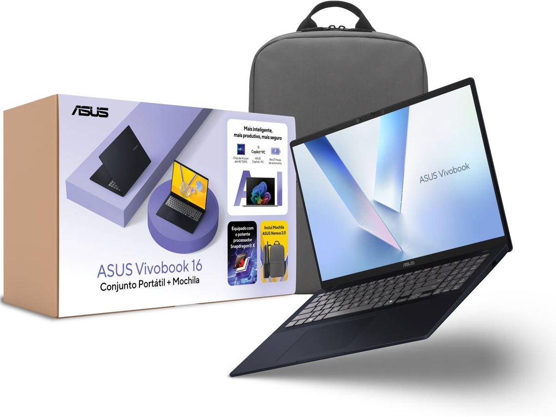 Pack Portátil ASUS Vivobook F1607QA-X1ALHDAB1 (Outlet Caixa Aberta - 16'' - Snapdragon X1 - RAM: 16 GB - 1 TB SSD - Qualcomm Adreno GPU) + Mochila ASUS Nereus AP1602