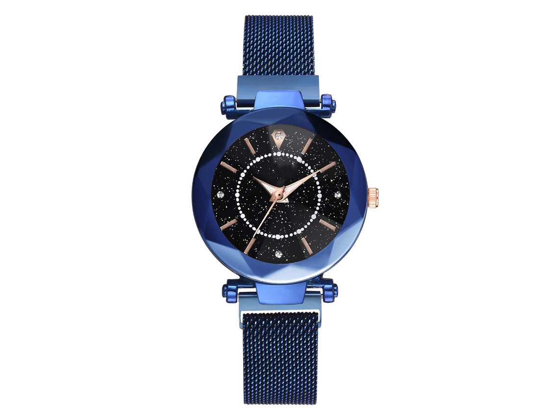Relógio de Pulso Feminino de Quartzo com Mostrador Estrelado e Fecho Magnético Azul
