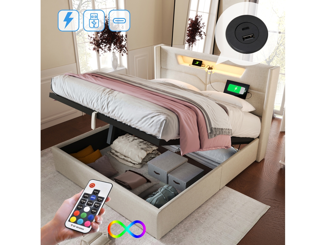 Cama De Casal 140x200 Com Led Usb-c E Armário Sem Colchão