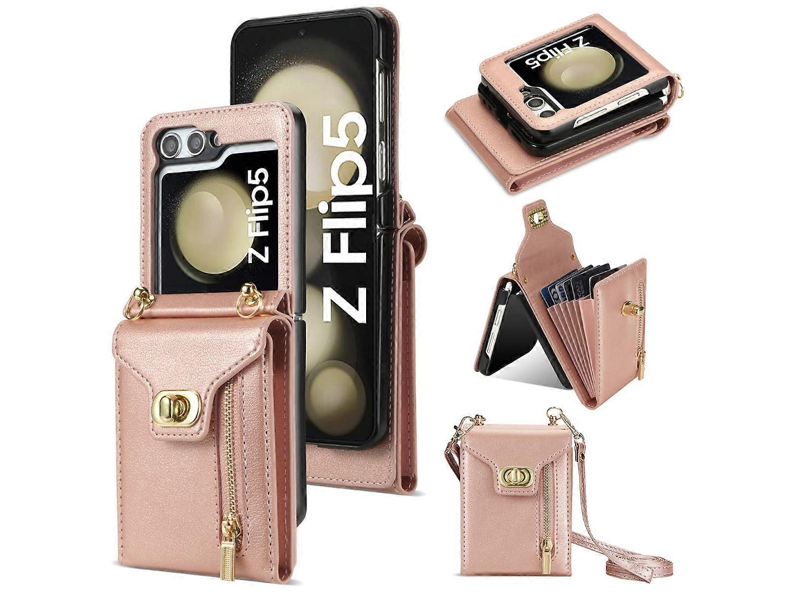 Capa Tkdaddy Para Samsung Galaxy Z Flip6 5g / Flip7 Fe 5g Com Zíper E Design Tipo Carteira Em Pu E Alça Longa Em Ouro Rosa