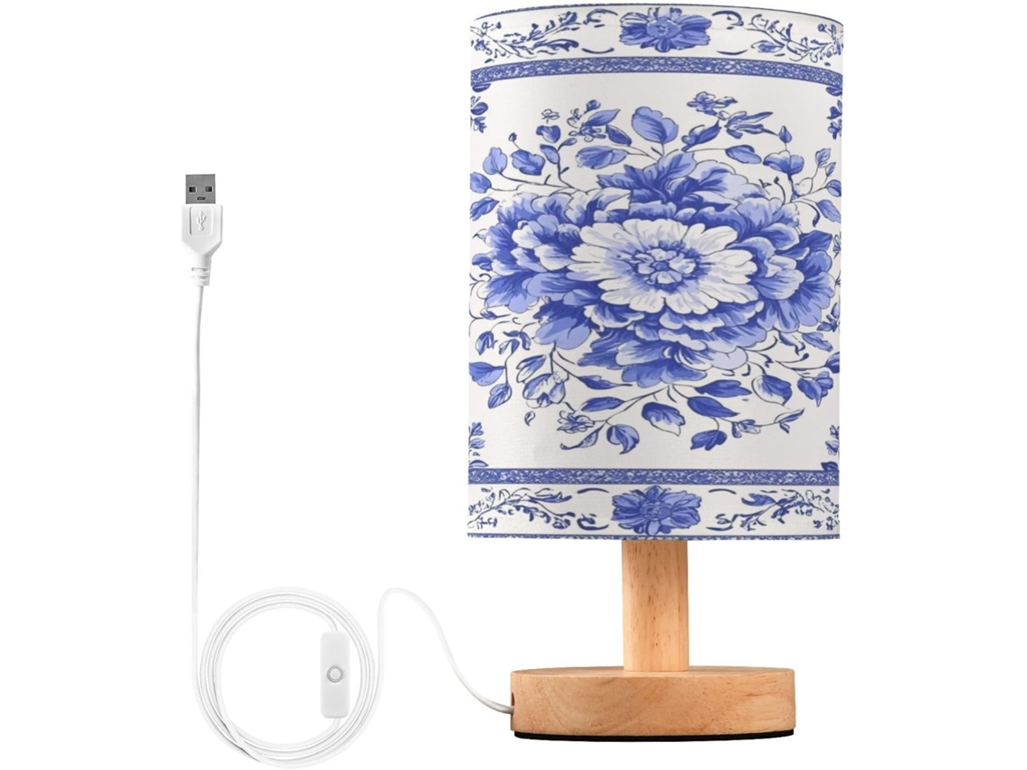 Toalha de mesa de porcelana com estampa floral para o quarto, suportes para dispositivos USB-C, luz de leitura LED e base.