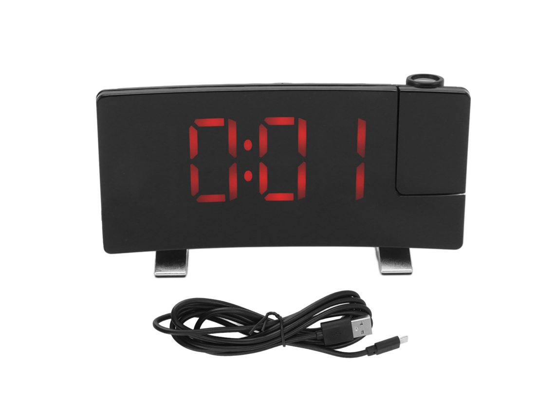 Reloj Despertador Con Proyección Radio Pantalla Led Curva Digital Letras Rojas Cuerpo Negro