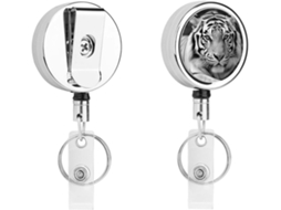Porta-crachás de metal com estampa de tigre em preto e branco, retráteis, clipes e alfinetes de identificação.
