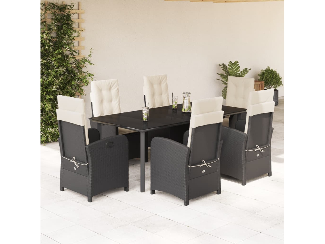 Vidaxl 7 Pcs Conjunto De Jantar P/ Jardim C/ Almofadões Vime Pe Preto