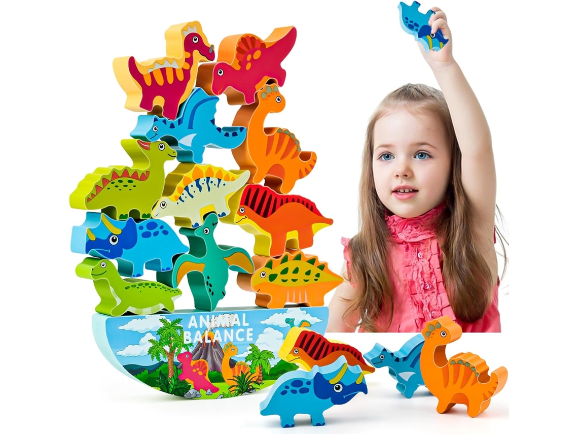 Brinquedo Montessori Educativo em Madeira com Desenhos de Dinossauros, Jogo Empilhável para Crianças Dos 3 Aos 6 Anos CZHHMART