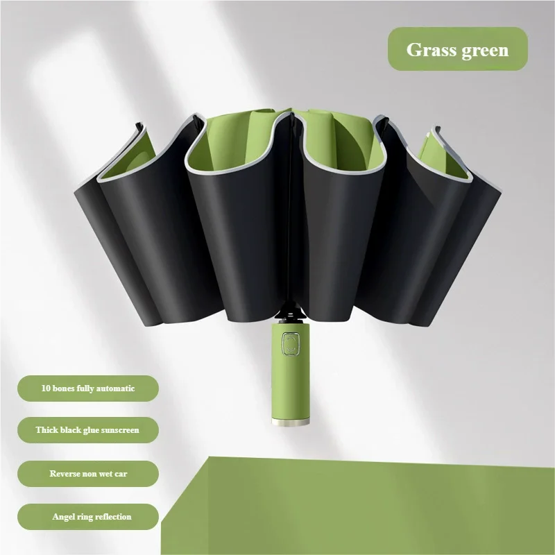 (verde 10k) Guarda-chuva Dobrável, Resistente Ao Vento, Com Abertura E Fechamento Automáticos E Listras Refletoras.