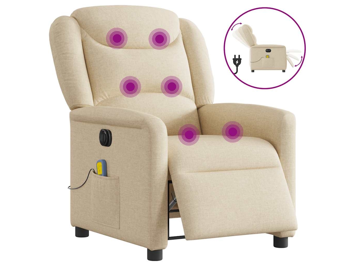 Vidaxl Poltrona De Massagens Reclinável Elétrica Tecido Creme