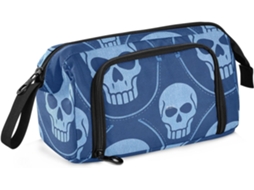 Estojo Grande com Estampa de Esqueleto Cowboy Gótico, Ideal para Adolescentes e Material Escolar, na Cor Azul.