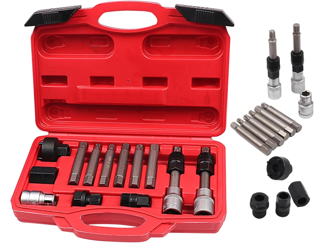 Kit para remoção do alternador, kit extrator ajustável, manual e chave.